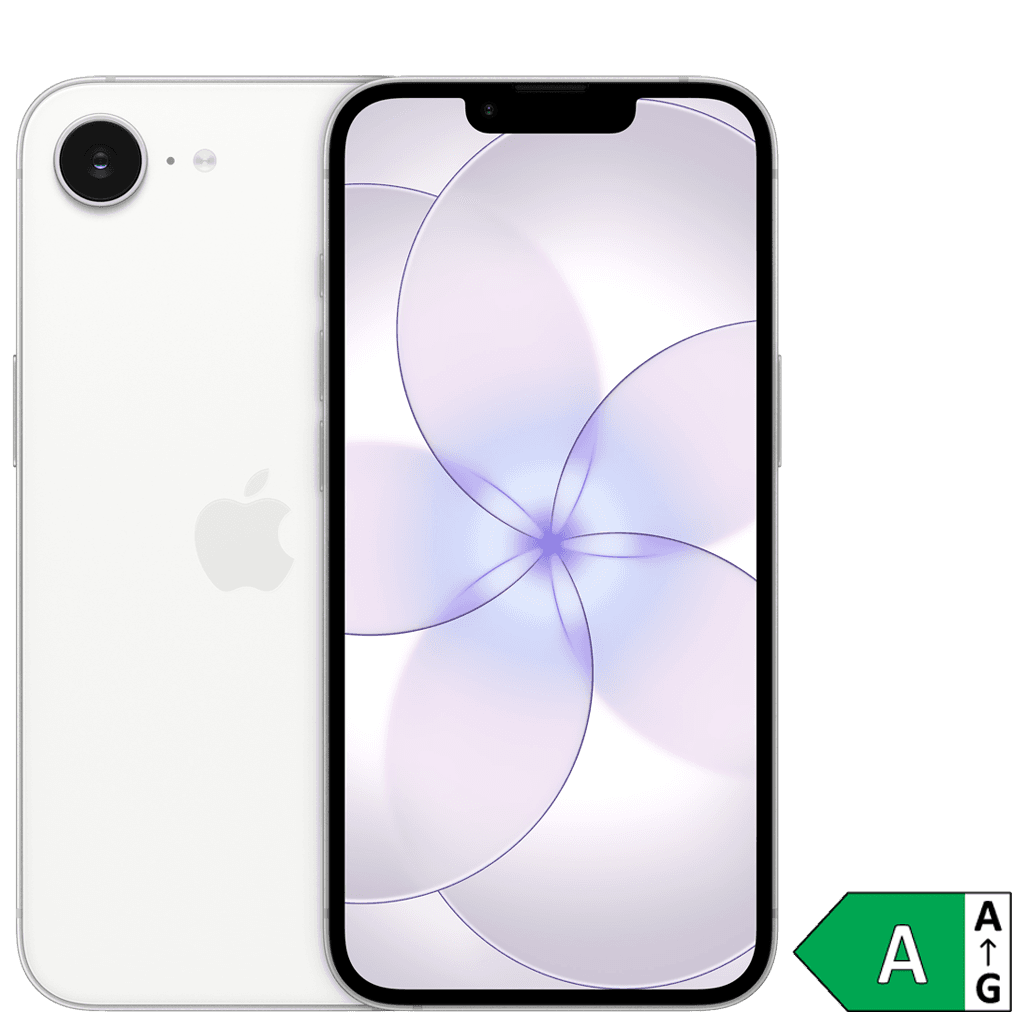 Apple iPhone 17e i vit, fram- och baksida, energiklass A