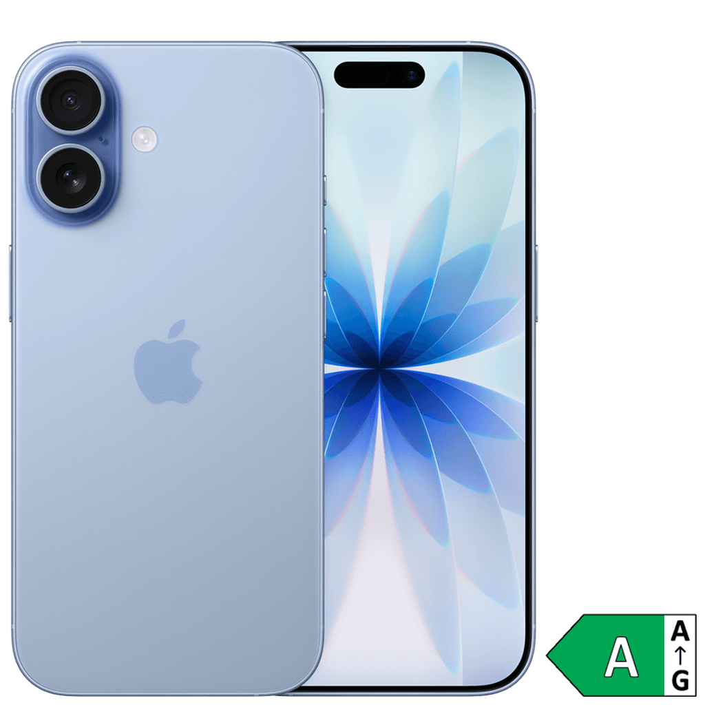 Apple iPhone 17 i blått, fram- och baksida, energiklass A