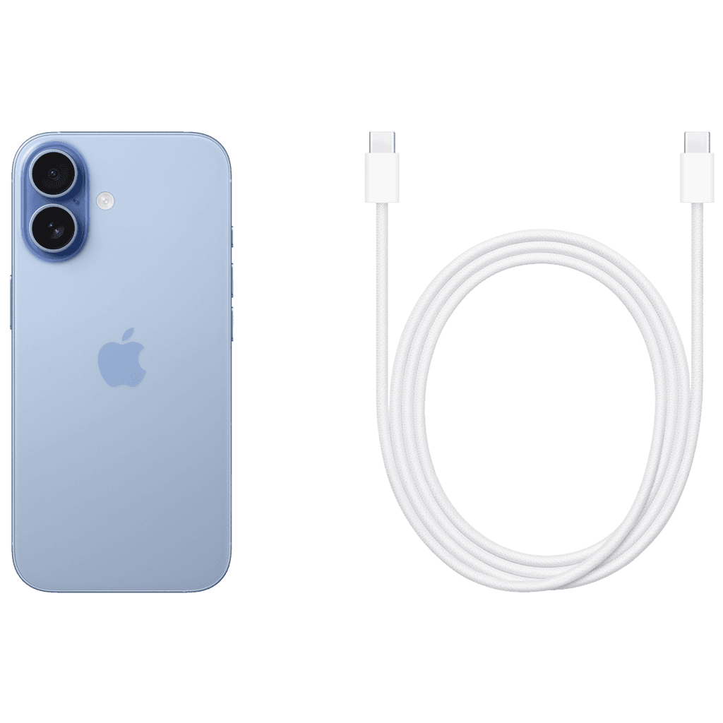 Apple iPhone 17 i blått med USB‑C-kabel
