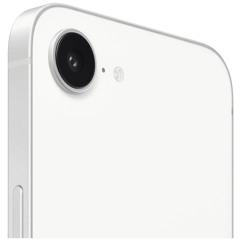 Apple iPhone 17e i vit, närbild på bakre kamera