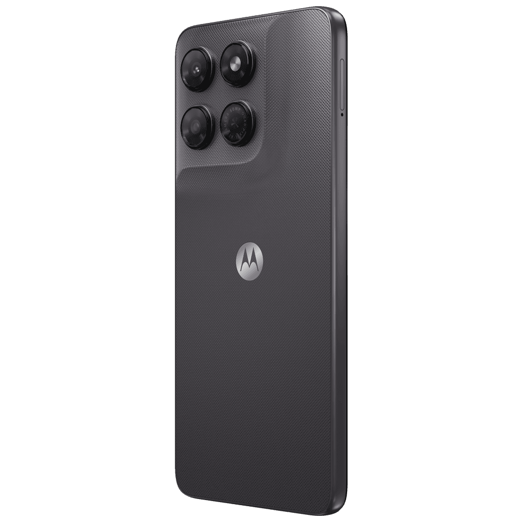 Motorola g37 i grått, trekvartsvy bakifrån från vänster
