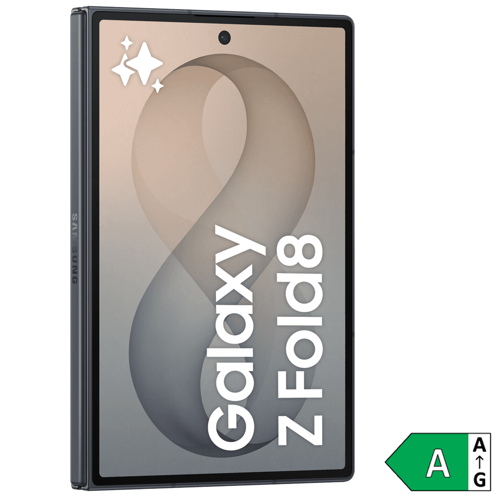 Samsung Galaxy Z Fold8 i grafit, framsida i trekvartsvy med energimärkning A