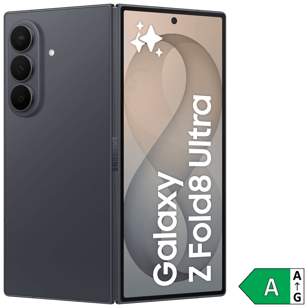 Samsung Galaxy Z Fold8 Ultra i grafit, baksida halvt utfälld med energimärkning A