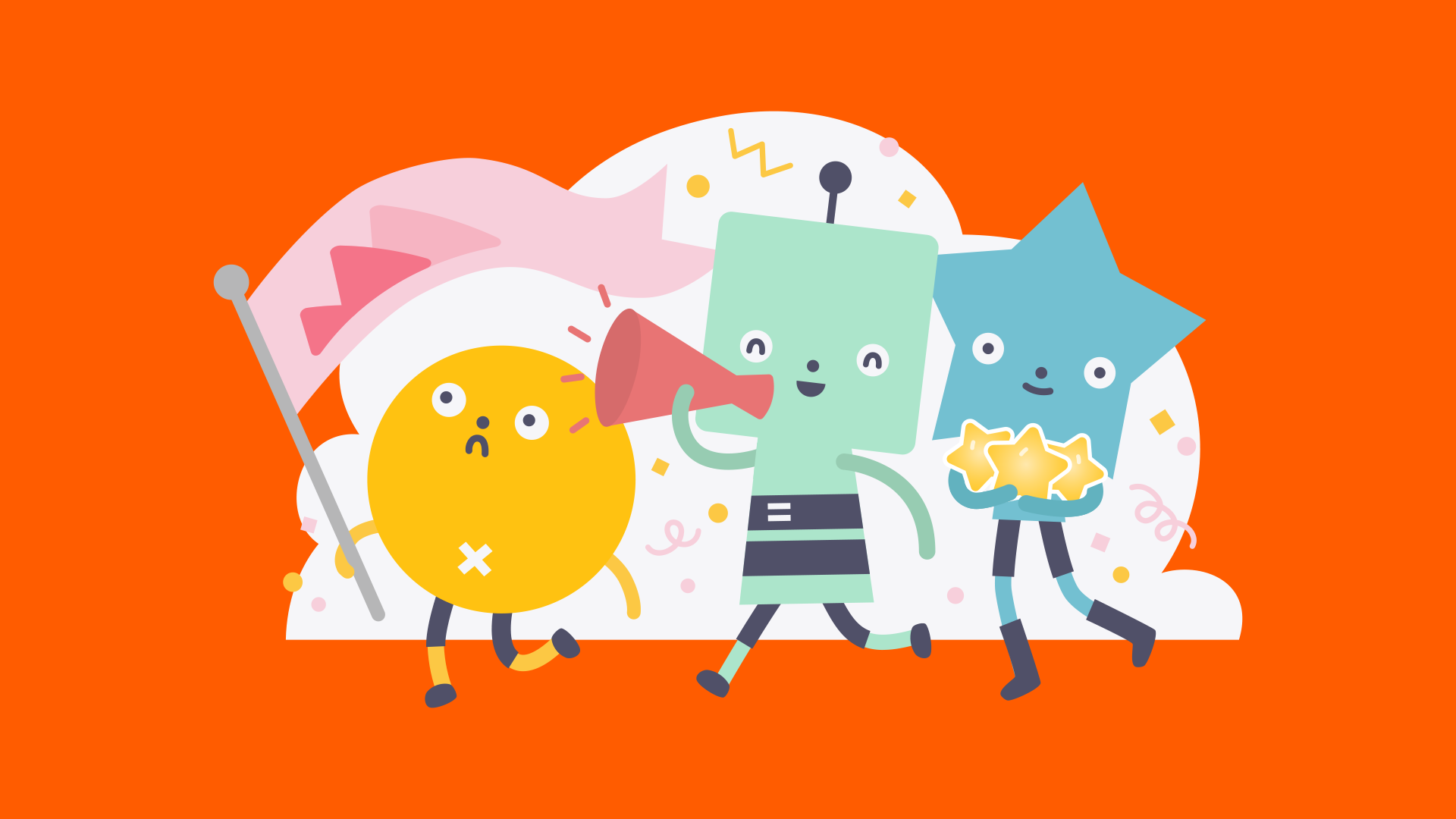 Tre animerade figurer: en boll, en fyrkant och en stjärna. De ser glada ut och en av dem viftar med en flagga.