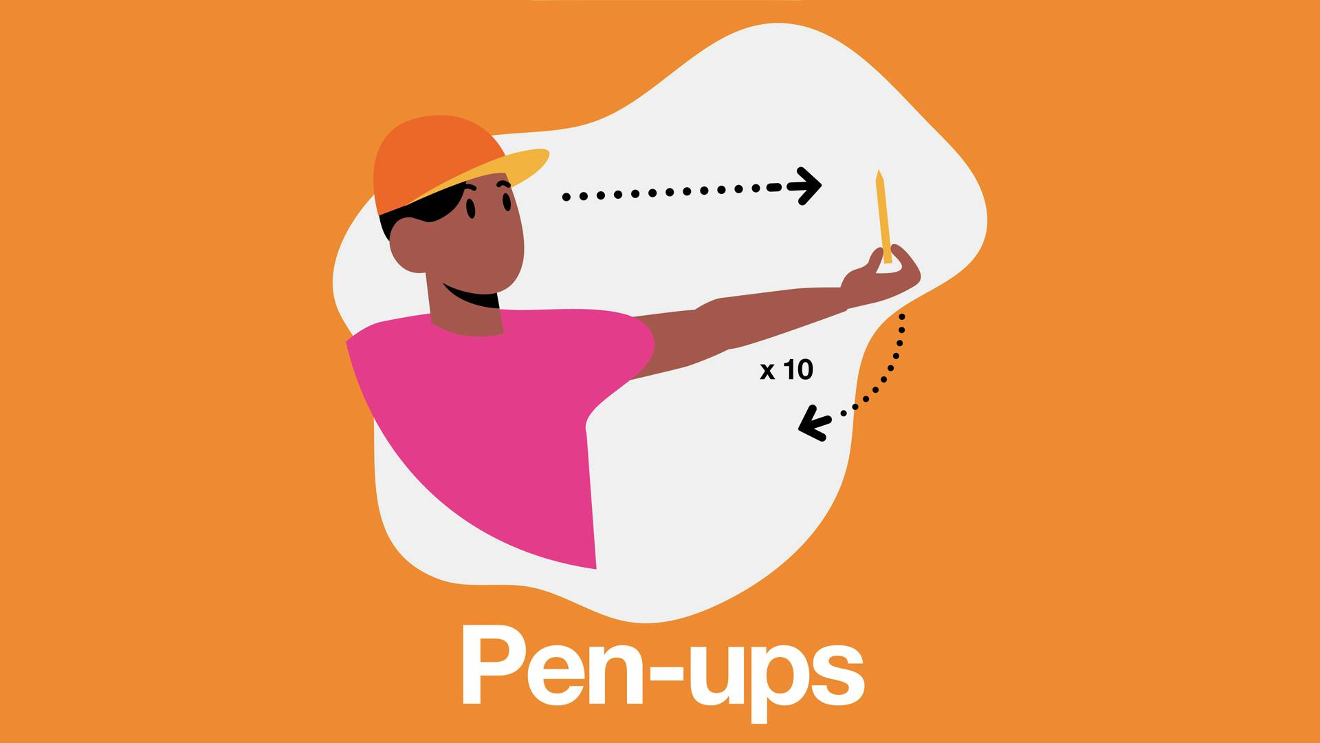 Illustrerad bild. En kille i orange keps och rosa tröja tittar på en penna.