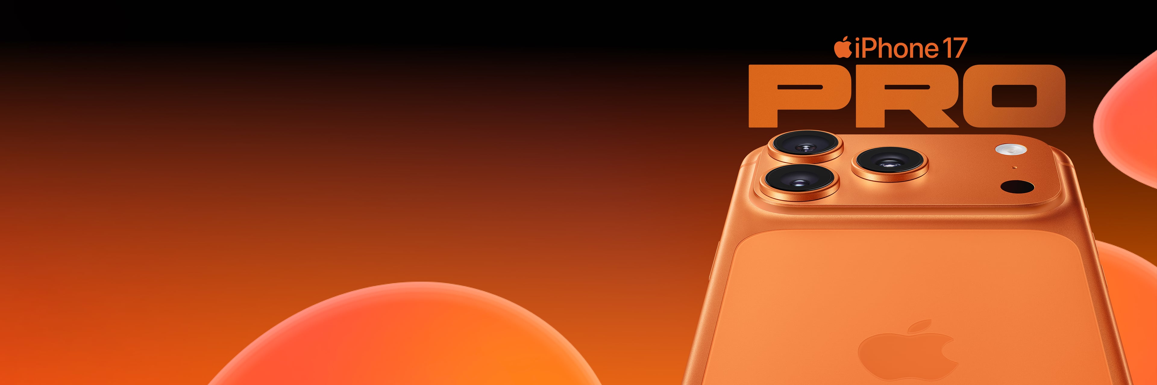 En orange bakgrund med en svart gradient upptill. På den är en iphone 17 Pro i kopparorange med texten "iPhone 17 Pro" ovanför den. I bakgrunden bakom mobilen syns orange bubblor.