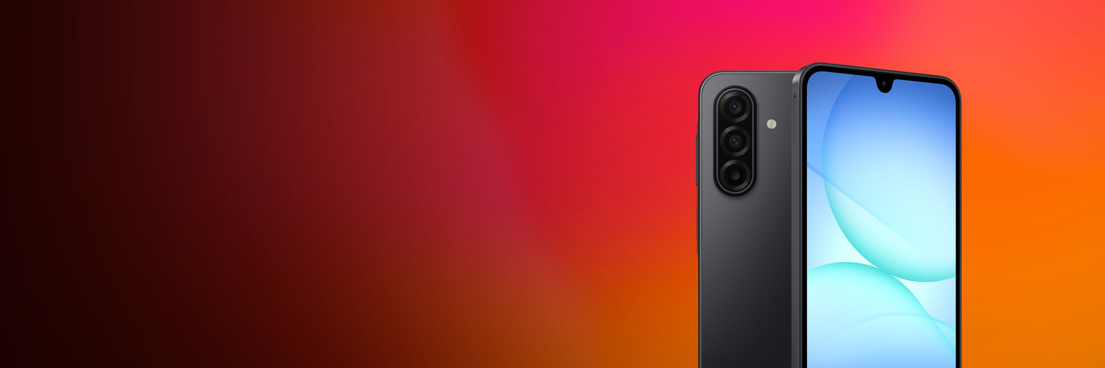 Smartphone med svart baksida och tre kameror, skärm med blå bakgrund, mot en röd-orange gradientbakgrund.